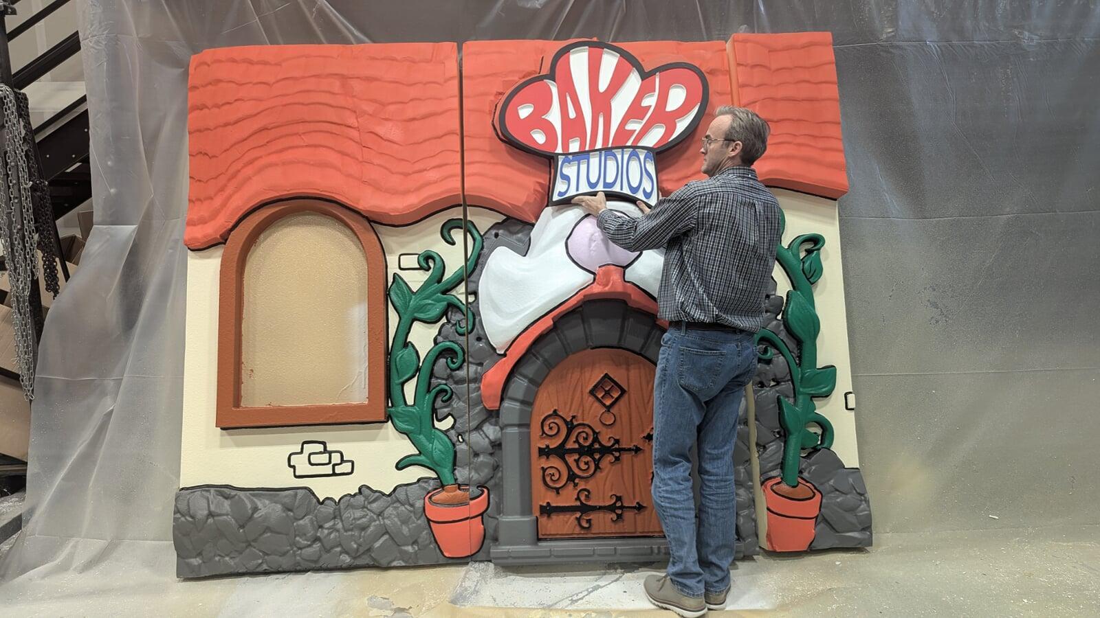 Foam gnome bakery birthday backdrop